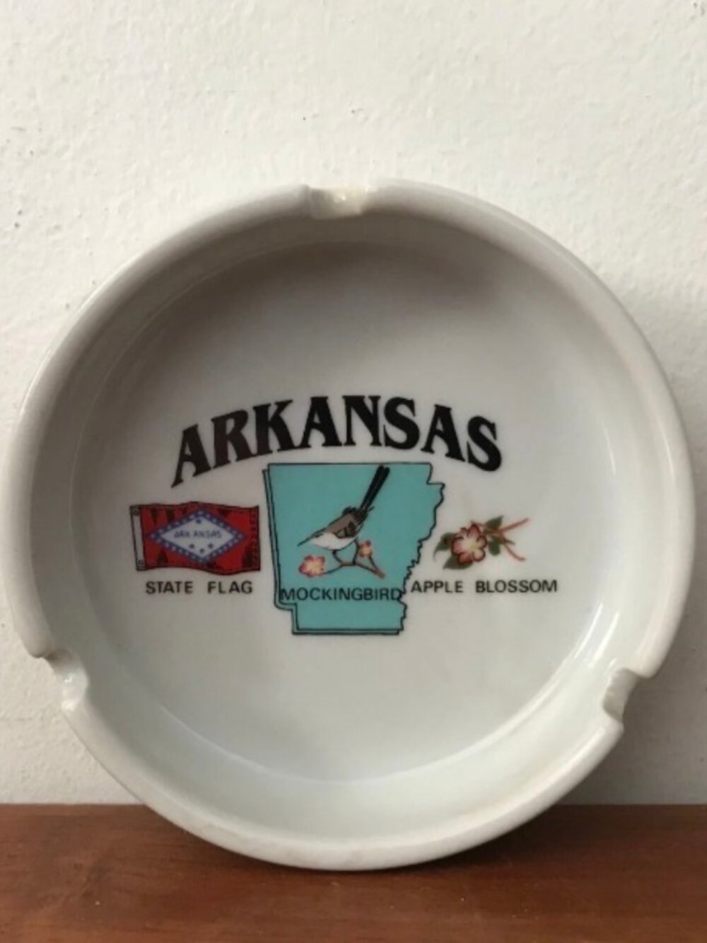 Vintage Arkansas State Flag, Bird, Flower White Porcelain Gold-Trim 4" Ashtray